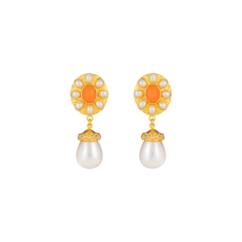 Eco-Friendly Hoop Earrings-Heather Earrings Orange Coral, Crystal & Pearls