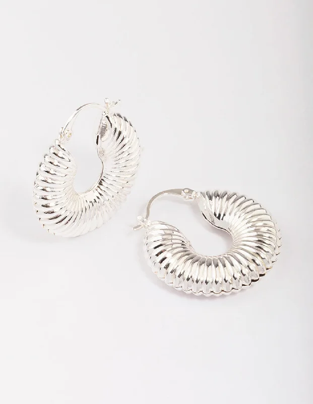 Modern Silver Earrings-Silver Corrugated Hoop Earrings