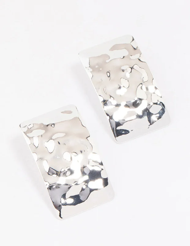 Everyday Hoop Earrings-Silver Hammered Rectangular Stud Earrings