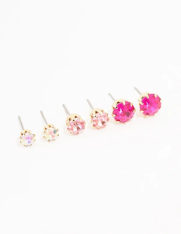 Birthstone Stud Earrings-Gold Pink  Multi Diamante Stud Earrings 3-Pack