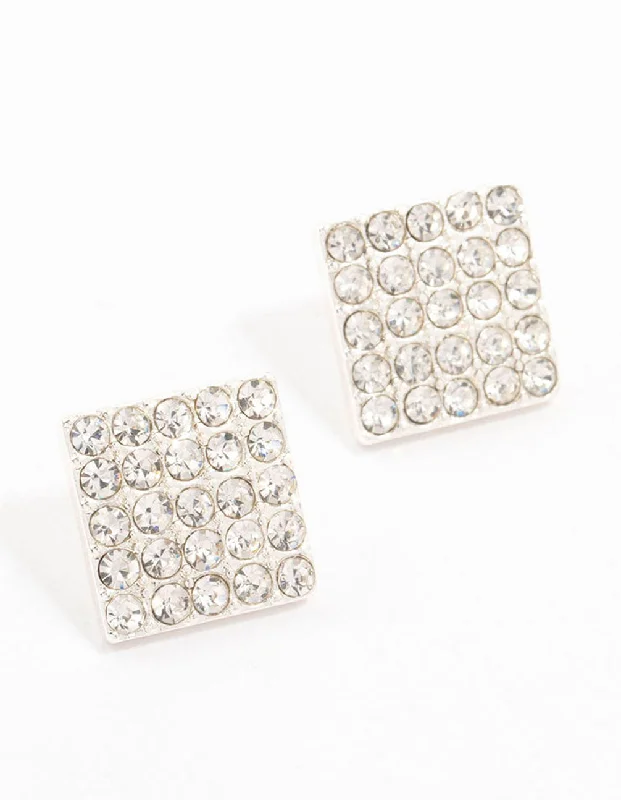 Handmade Crystal Earrings-Silver Pave Diamante Square Stud Earrings