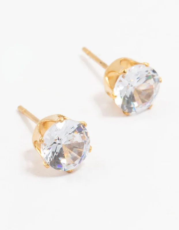 Bridal Earrings for Weddings-Waterproof Gold Plated Stainless Steel Cubic Zirconia Stud Earrings 7 MM