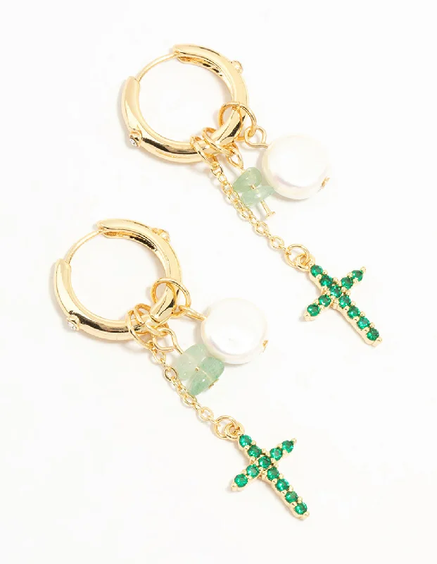 Cute Dangle Earrings-Gold Plated Green, Pearl & Cross Huggie Earrings