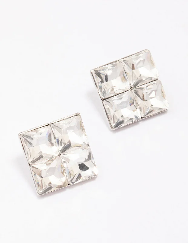 Blue Drop Earrings-Silver Square Diamante Stud Earrings