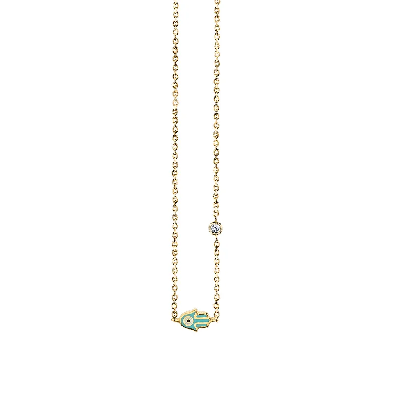 Geometric Pendant Necklace-Gold & Turquoise Mini Enamel Hamsa Necklace with Bezel Set Diamond