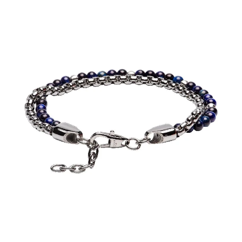 Adjustable Leather Bracelet-Unique & Co Blue Lapis or Tiger's Eye Beads and Stainless Steel Chain Bracelet