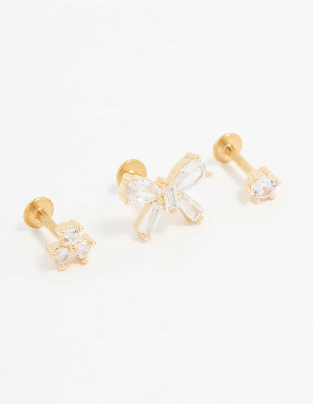 Simple Silver Earrings for Women-Gold Plated Surgical Steel Cubic Zirconia Bow Flat Back Studs 3-Pack