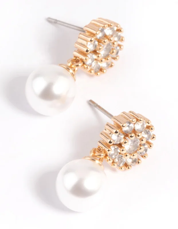 Handmade Crystal Earrings-Gold Cubic Zirconia Flower & Pearl Drop Earrings