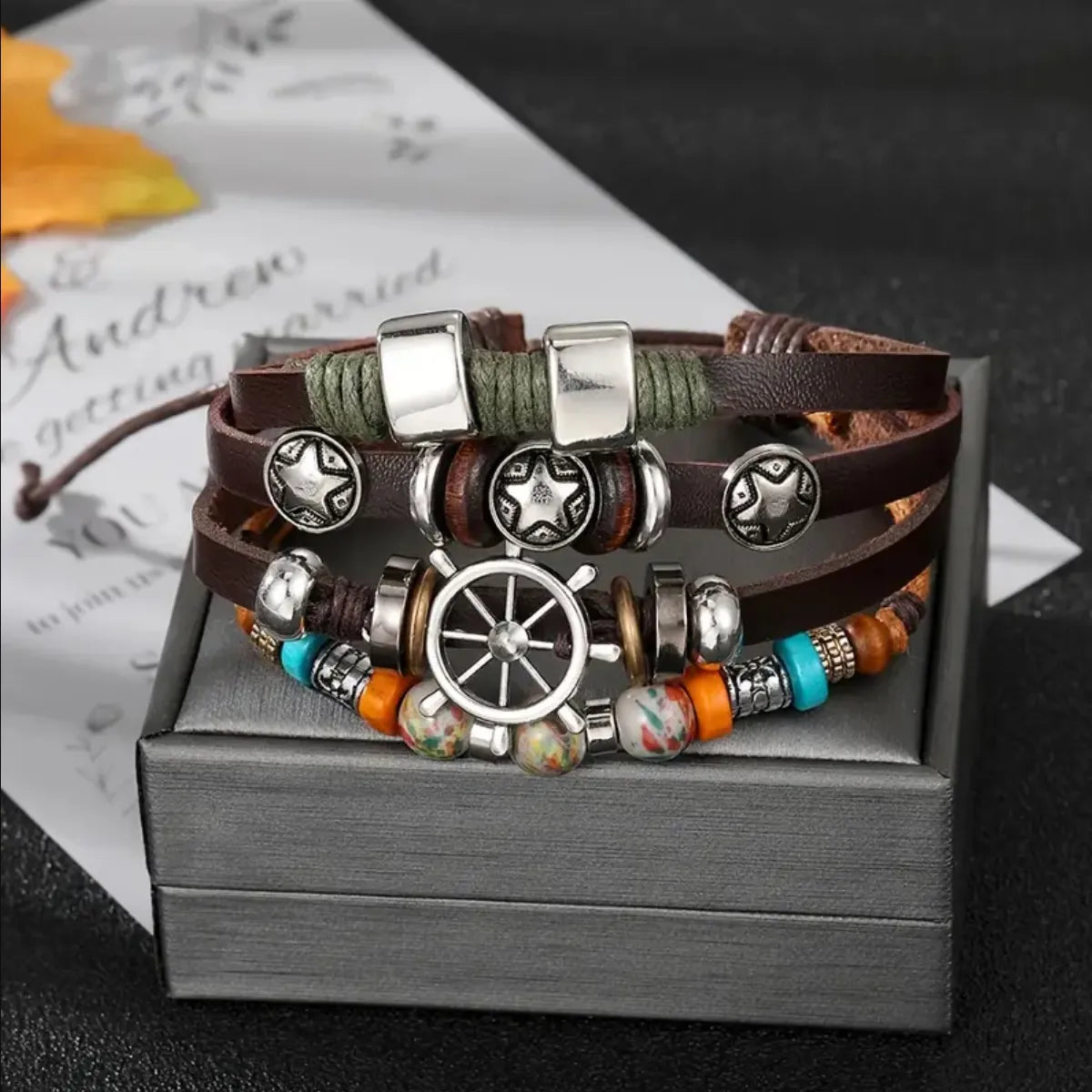 Fashionable Rope Bracelet-Retro Handmade Color Block Pu Leather Alloy Wooden Beads Beaded Handmade Braid Silver Plated Men's Drawstring Bracelets