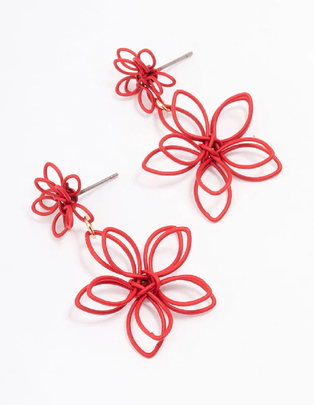 Boho Earrings for Summer-Red Wire Flower Drop Earrings