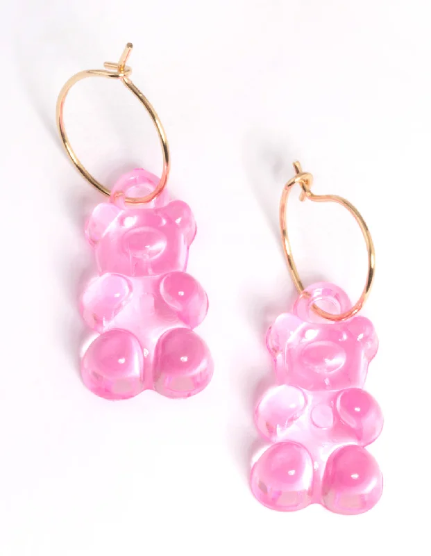 Gold Dangle Earrings-Pink Candy Bear Hoop Earrings