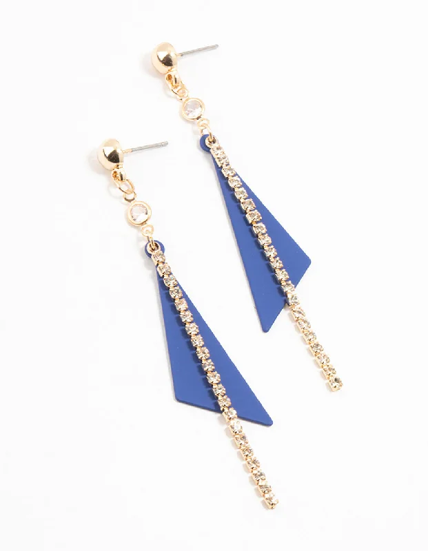 Chandelier Earrings for Weddings-Gold & Blue Cup Chain Triangle Drop Earrings