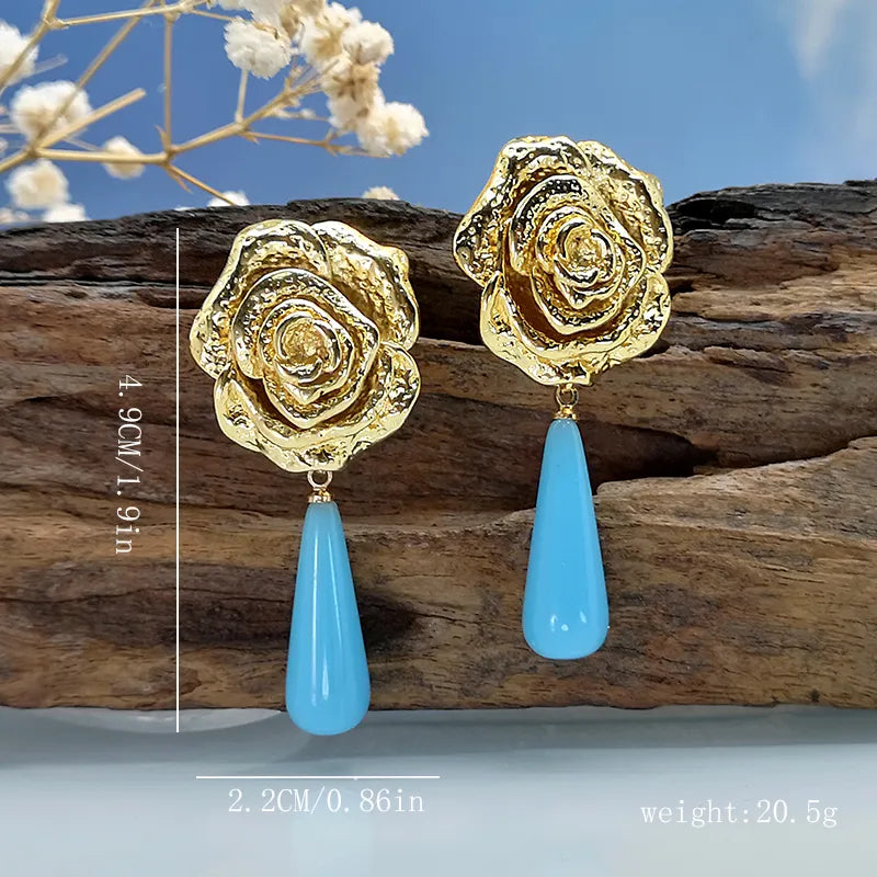 Rose Ear Studs Blue Water Drop