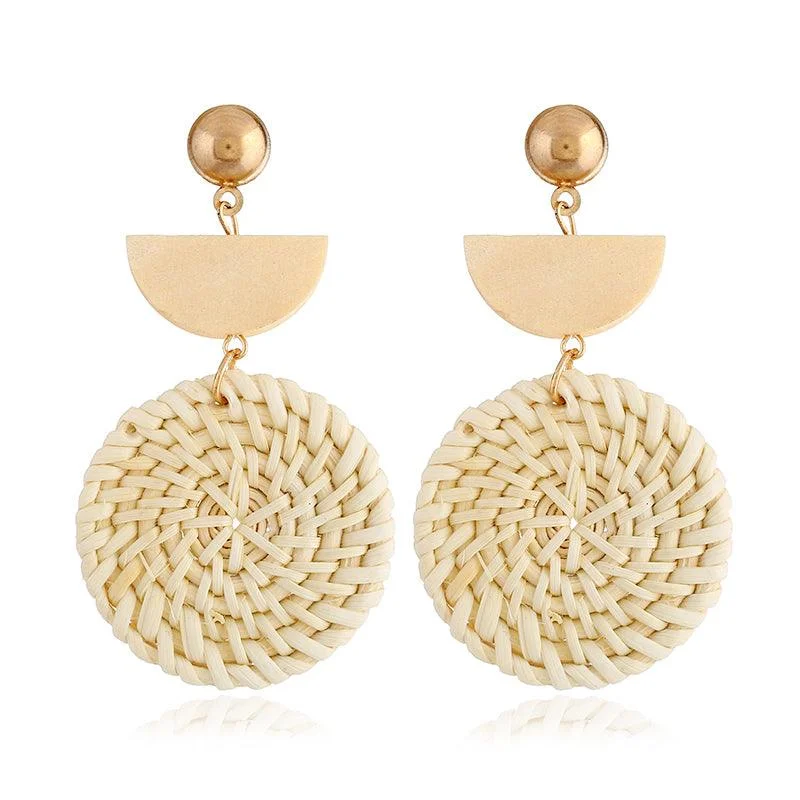 Pearl Drop Earrings-Rattan Earrings Organic Wooden Straw Weave