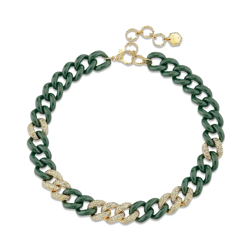 Tropical Necklace for Summer-DIAMOND 9 PAVE & GREEN CERAMIC JUMBO LINK NECKLACE