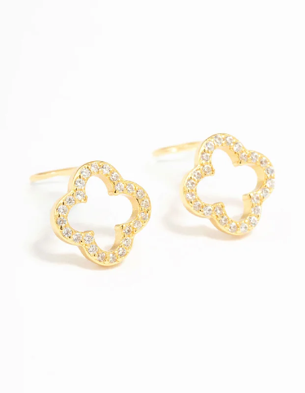 Crystal Drop Earrings-Gold Plated Sterling Silver Cubic Zirconia Flower Stud Earrings