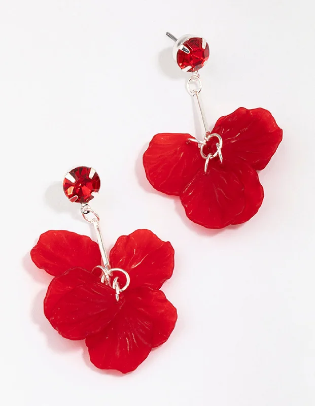 Simple Stud Earrings for Girls-Red Stone & Stick Petal Drop Earrings