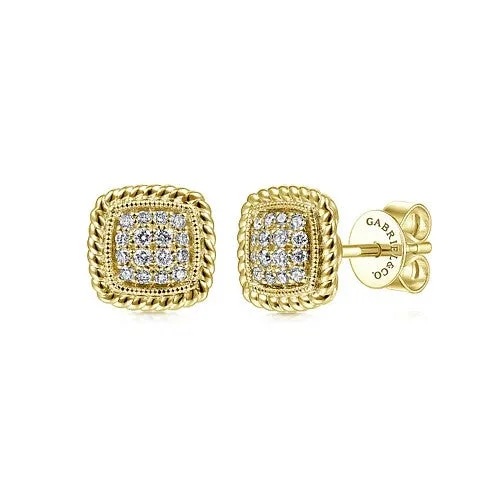 Simple Silver Stud Earrings-14K Yellow Gold Cushion Shape Pave Diamond Stud Earrings