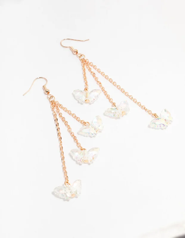 Custom Birthstone Earrings-Rose Gold 3 Row Plastic Butterfly Drop Earrings