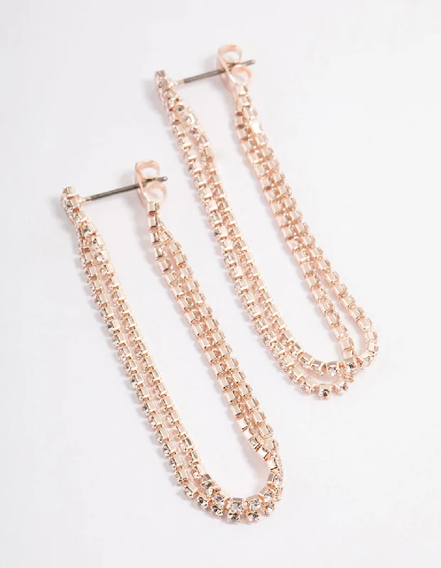 Pink Gemstone Earrings-Rose Gold Mini Cup Chain Double Loop Earrings