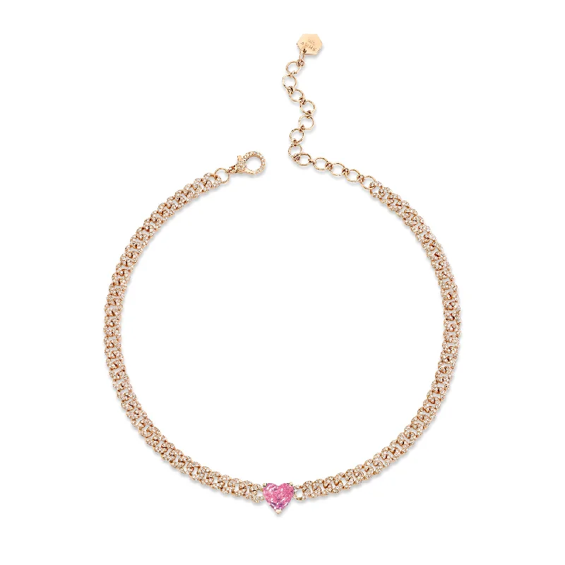 Chunky Beaded Necklace-PINK SAPPHIRE HEART MINI PAVE LINK NECKLACE