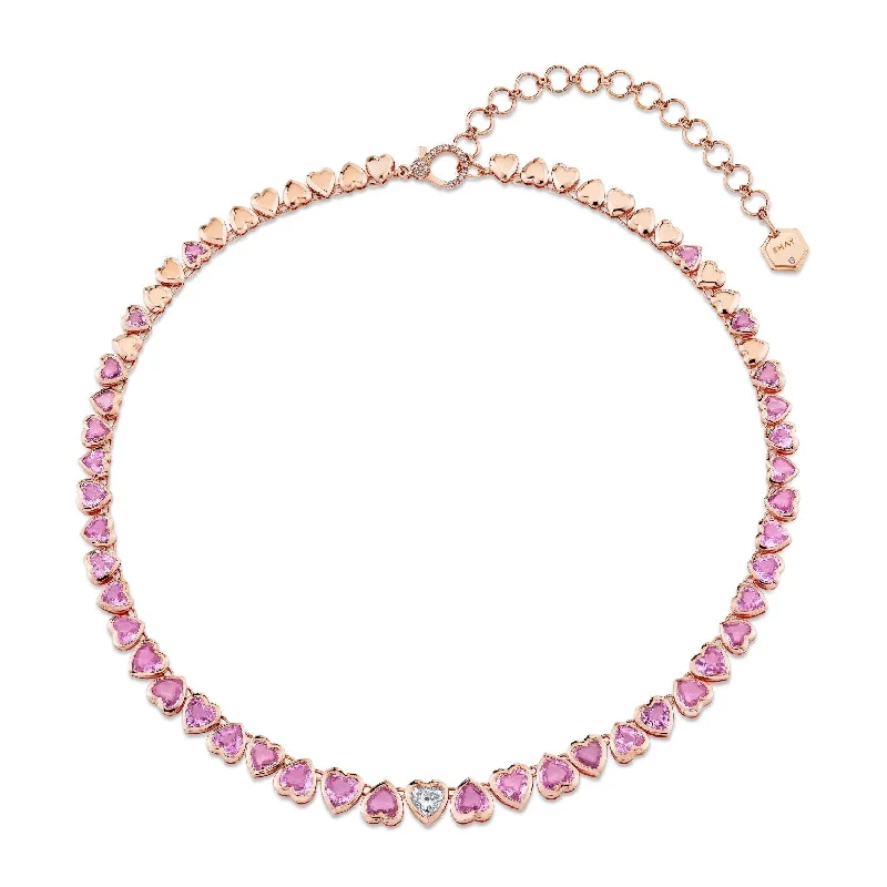 Wedding Necklace for Bride-READY TO SHIP PINK SAPPHIRE & DIAMOND HEART BEZEL TENNIS NECKLACE