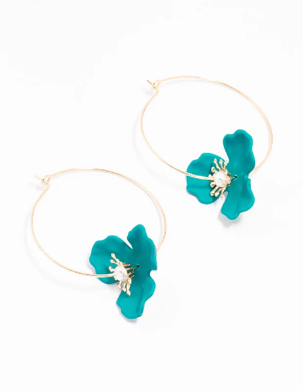 Wedding Earrings for Bride-Gold Blue Coated Wire Flower Earrings