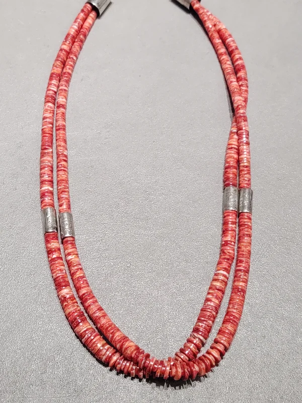 Silver Chain Necklace-Nestoria Coriz Hand Cut Red Spiny Oyster Necklace