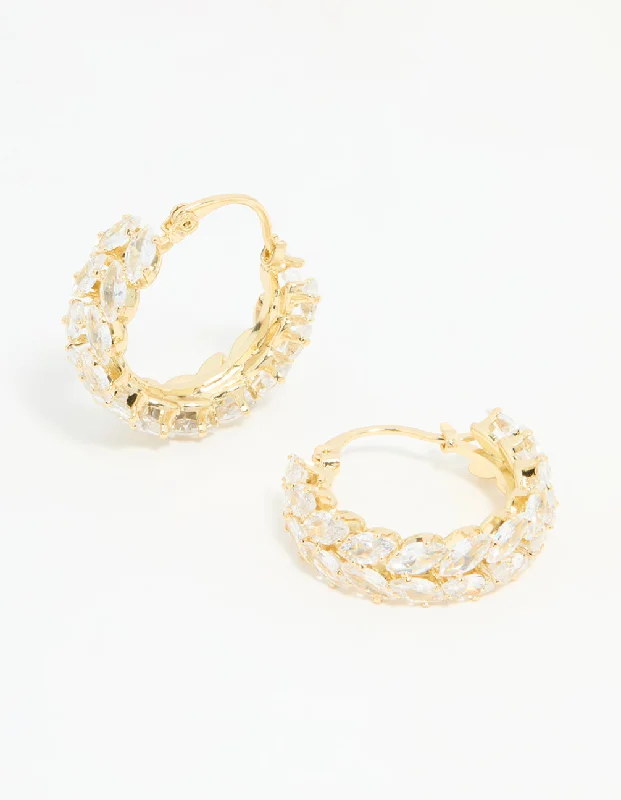 Elegant Dangly Earrings-Gold Plated Diamante Marquise Herringbone Hoop Earrings