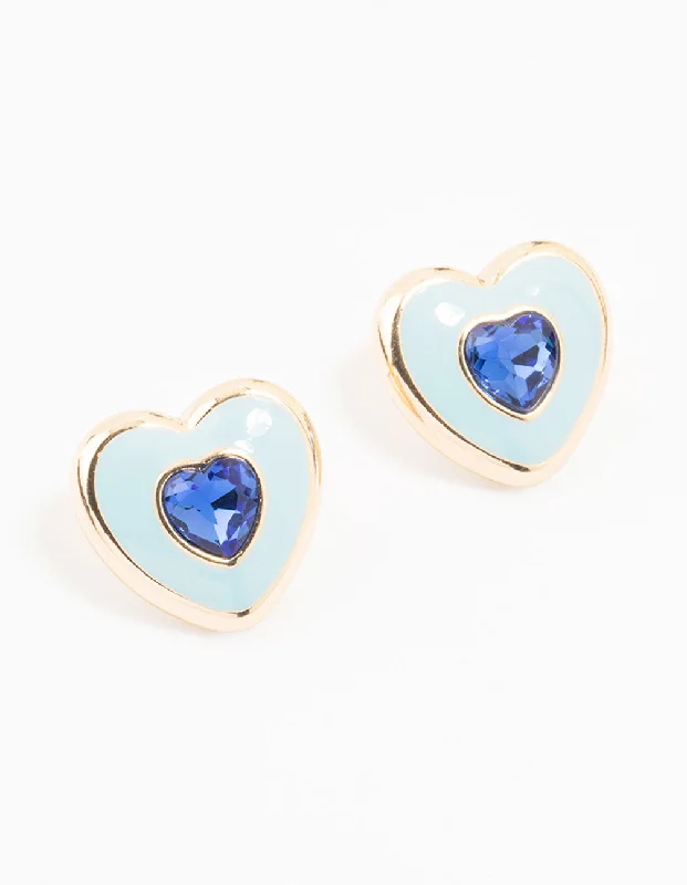 Designer Silver Earrings-Blue & Gold Acrylic Heart Stud Earrings