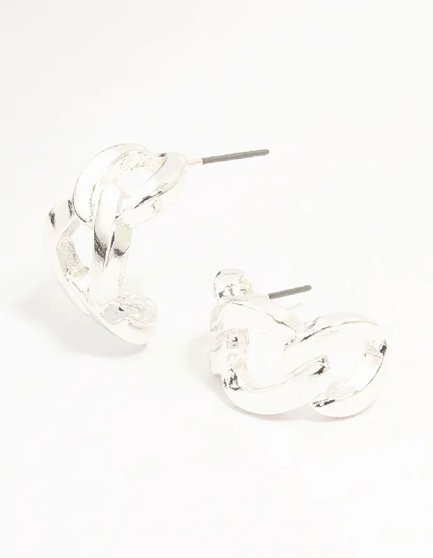 Simple Silver Earrings for Women-Silver Cuban Link Hoop Earrings