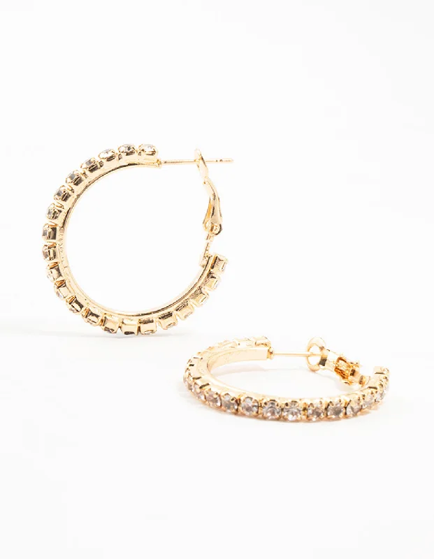 Vintage Gemstone Earrings-Gold Diamante Cup Chain Hoop Earrings