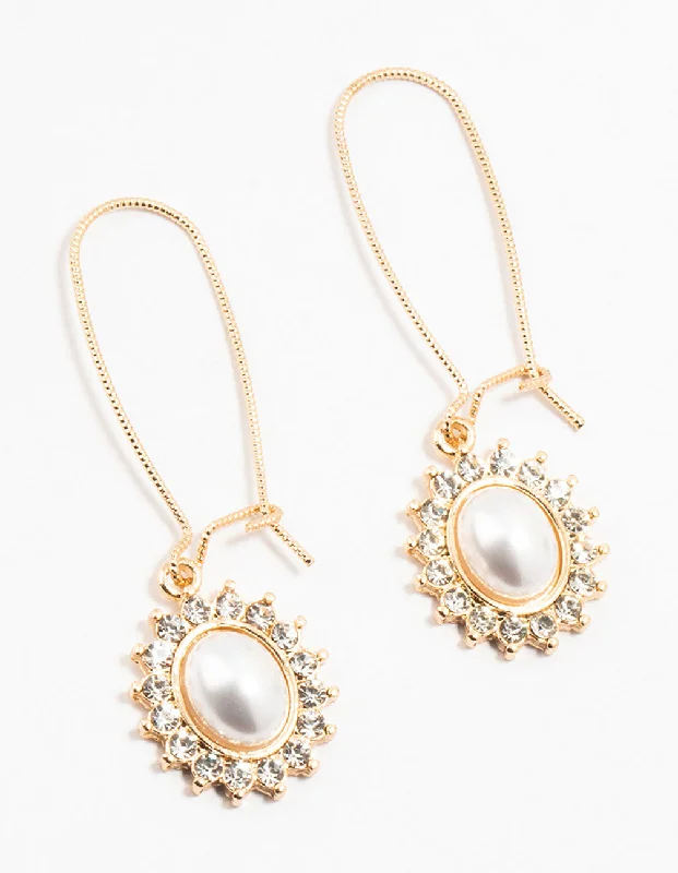 Rose Gold Earrings for Brides-Gold Pearl & Flower Fish Hook Hoop Earrings