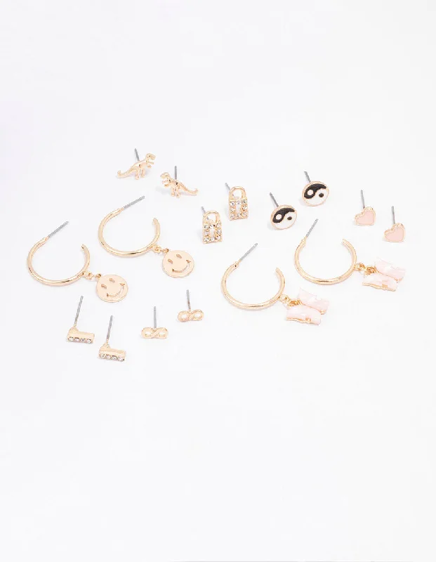 Silver Earrings for Weddings-Gold Smiley Lock Diamante Earring 8-Pack