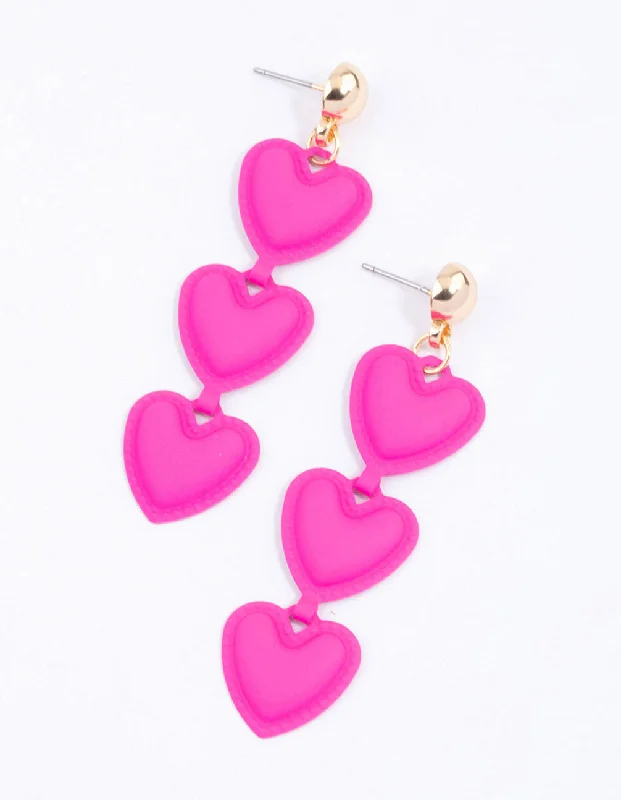 Designer Silver Earrings-Pink Triple Puffy Heart Drop Earrings