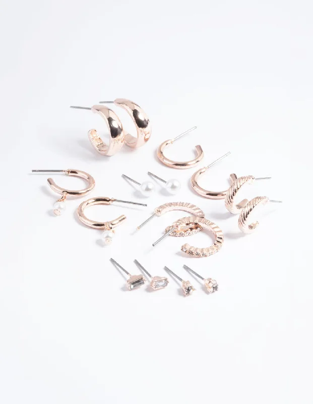 Modern Geometric Earrings-Rose Gold Pearl Stud & Hoop Earrings 8-Pack