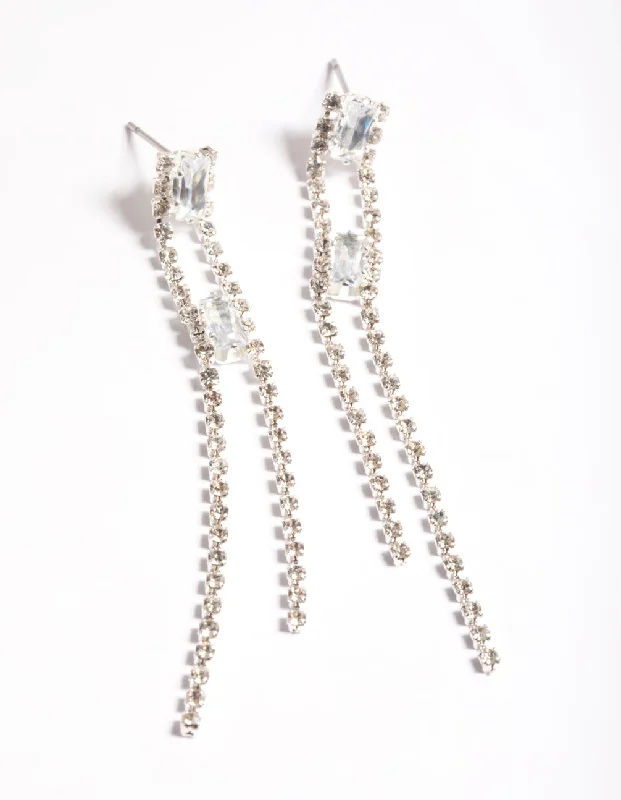 Large Silver Earrings-Silver Diamante Double Sided Stick Drop Earrings