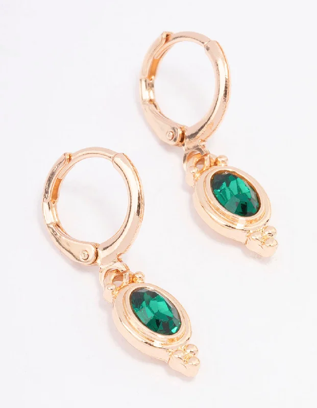 Everyday Hoop Earrings-Green Oval Stone Drop Huggie Earrings