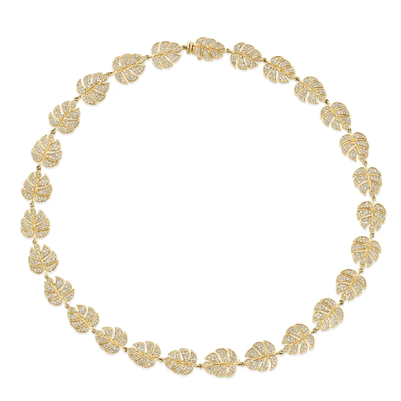 White Gold Necklace-Gold & Diamond Monstera Leaf Eternity Necklace