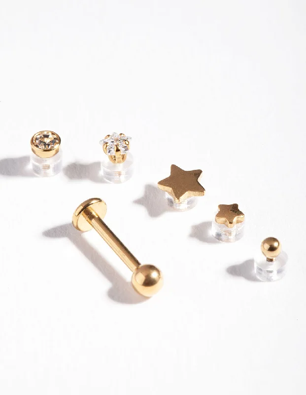 Shiny Stud Earrings-Gold Surgical Steel Star Flat Back 6-Pack