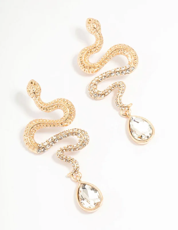 Wedding Pearl Earrings-Gold Diamante Snake Drop Earrings