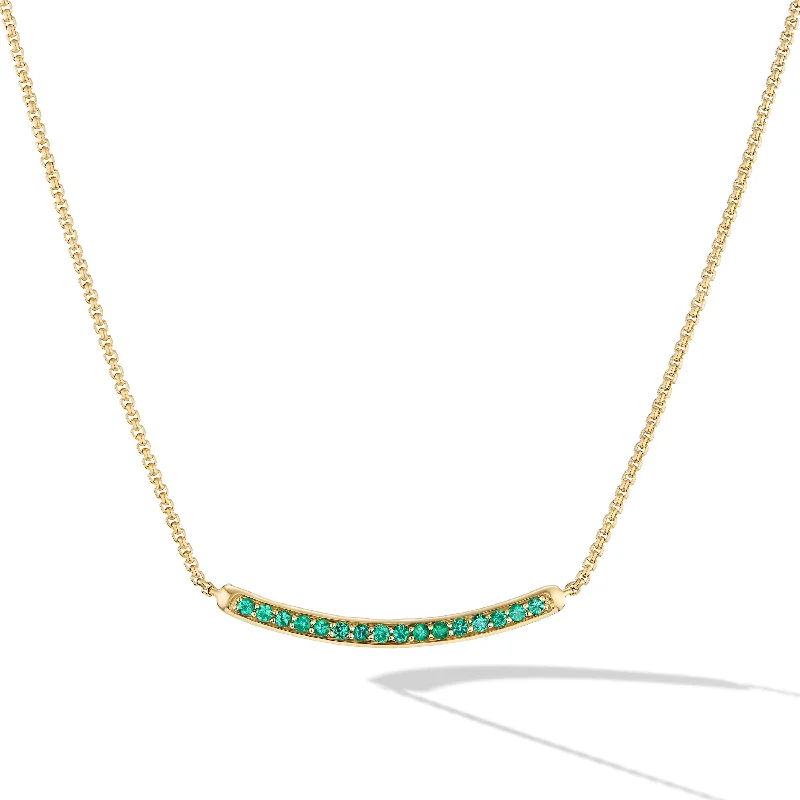 Minimalist Silver Necklace-Petite Pavé Bar Necklace in 18K Yellow Gold with Emeralds\, 1.25mm