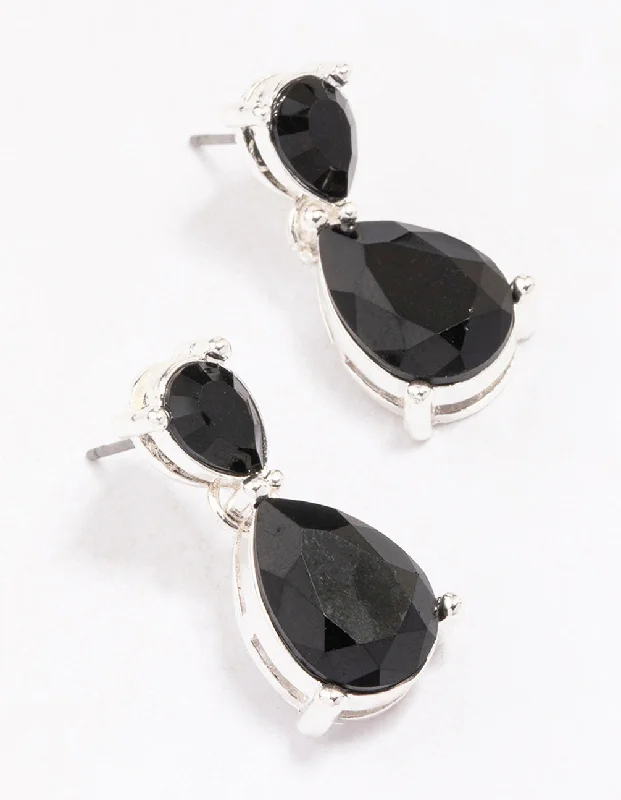 Statement Gold Earrings-Silver Black Stone Teardrop Earrings