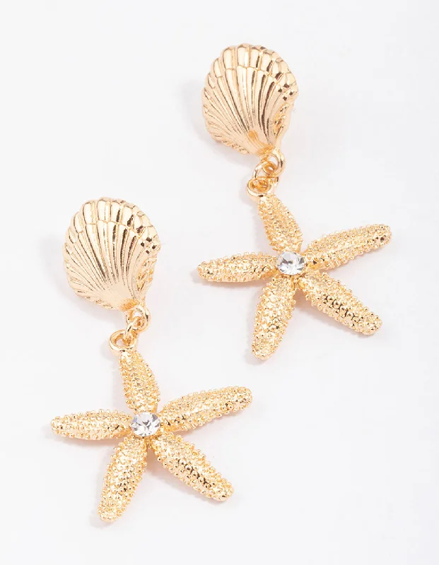 Bold Gemstone Earrings-Gold Textured Shell & Starfish Drop Earrings