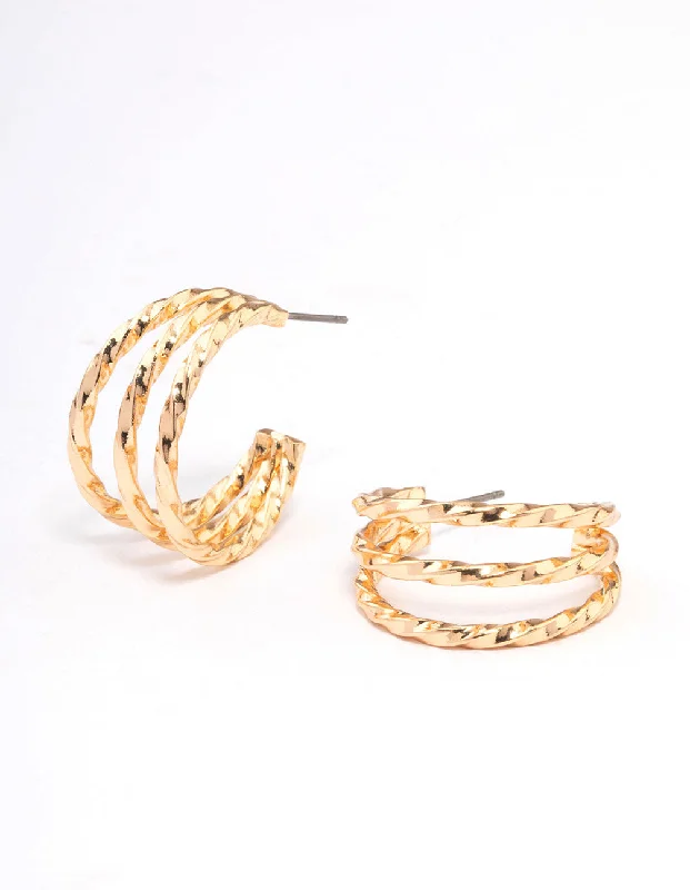 Gold Bead Earrings-Gold Spiral Triple Hoop Earrings