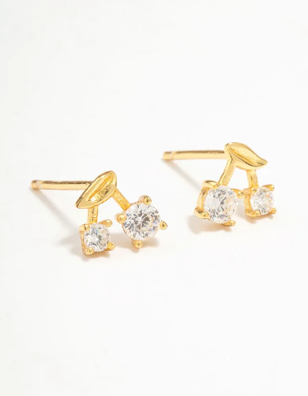 Chunky Drop Earrings-Gold Plated Sterling Silver Cubic Zirconia Cherry Stud Earrings