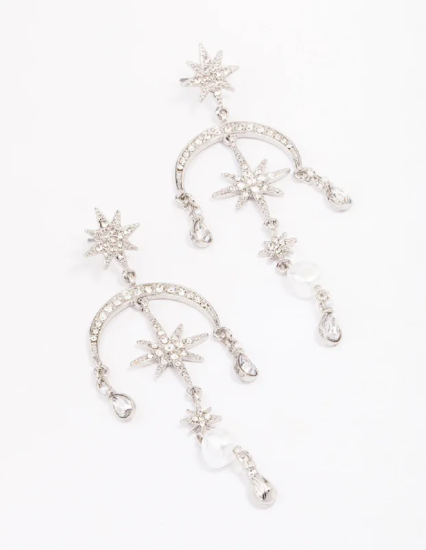 Simple Hoop Earrings for Women-Silver Celestial & Pearl Drop Earrings