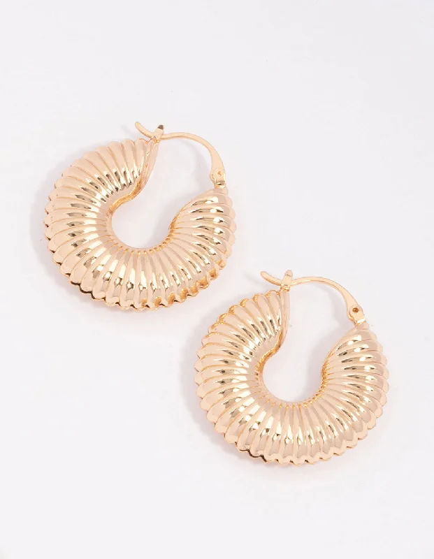 Statement Earrings for Parties-Gold Corrugated Hoop Earrings