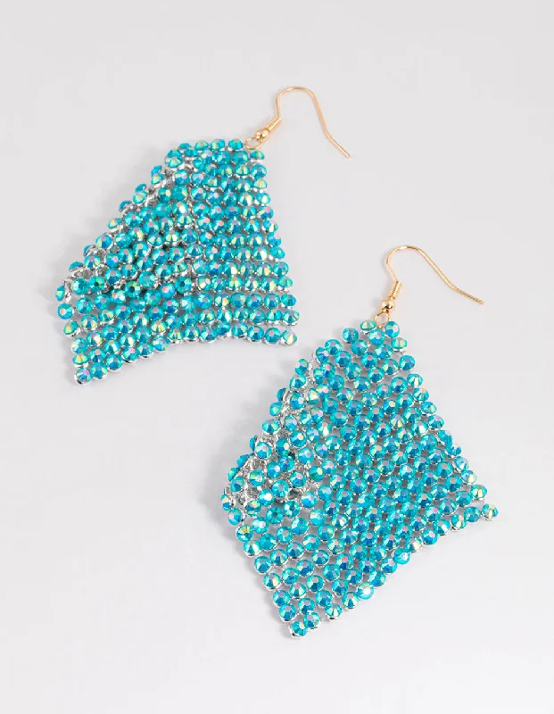 Gold Bead Earrings-Blue Diamante Chainmail Drop Earrings