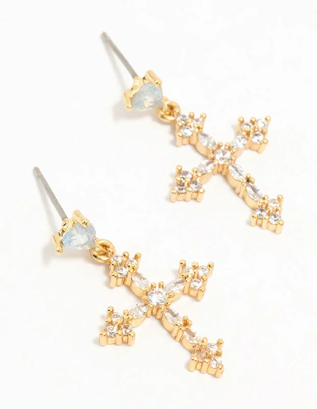 Vintage Style Earrings-Gold Plated Cubic Zirconia Cross Drop Earrings